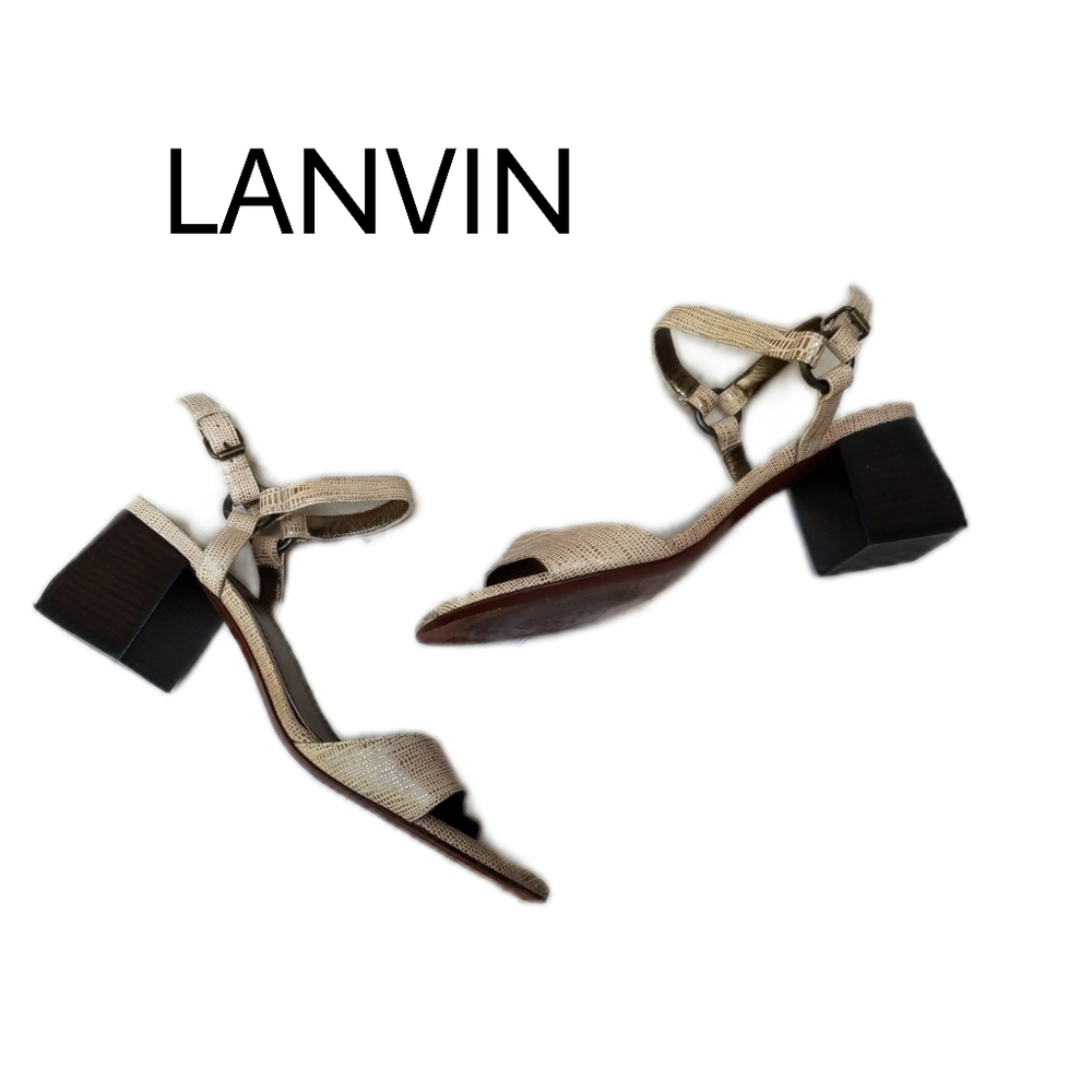 Lanvin Beige Snake-Embossed Leather Block Heel Sandals
